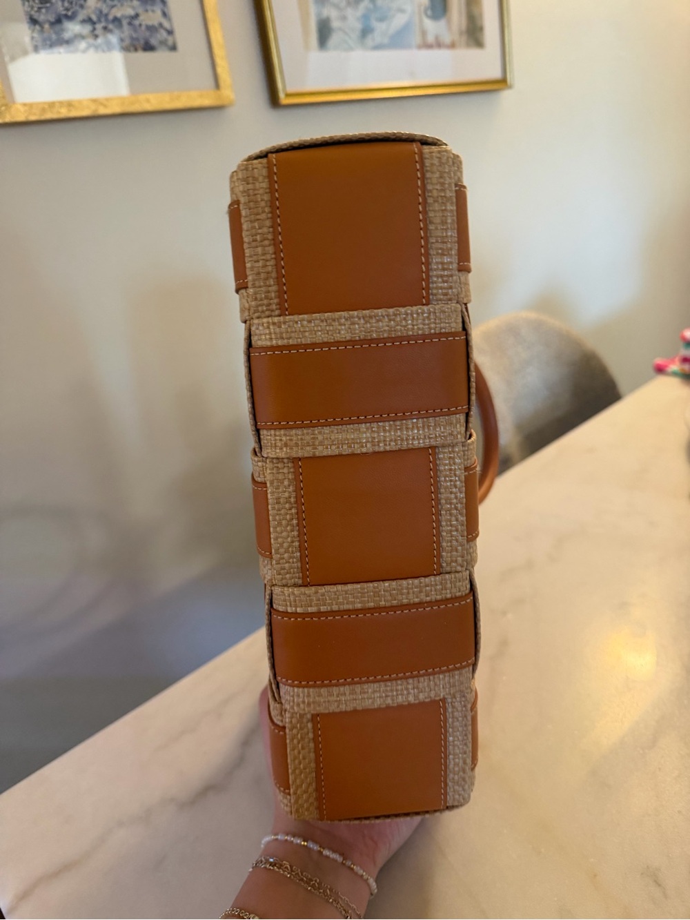 Woven Leather-Trim Tote Bag in Tan - Picture 5 of 5